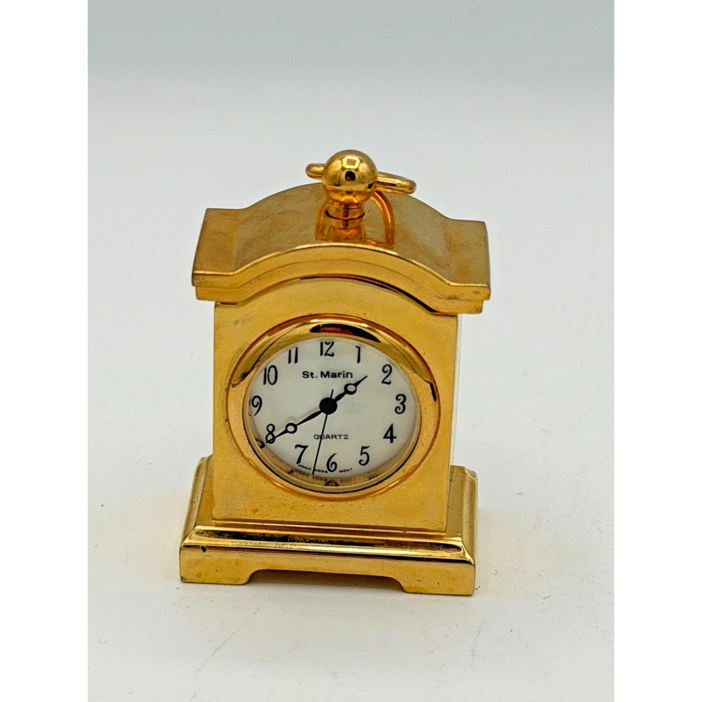 St. Marin Miniature Brass Quartz Desk Clock Working New Battery Mantel Style